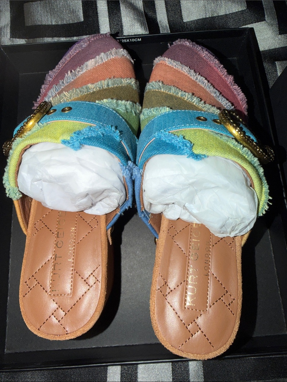 Kurt Geiger Rainbow Striped Denim Buckle Clogs - Picture 5 of 11